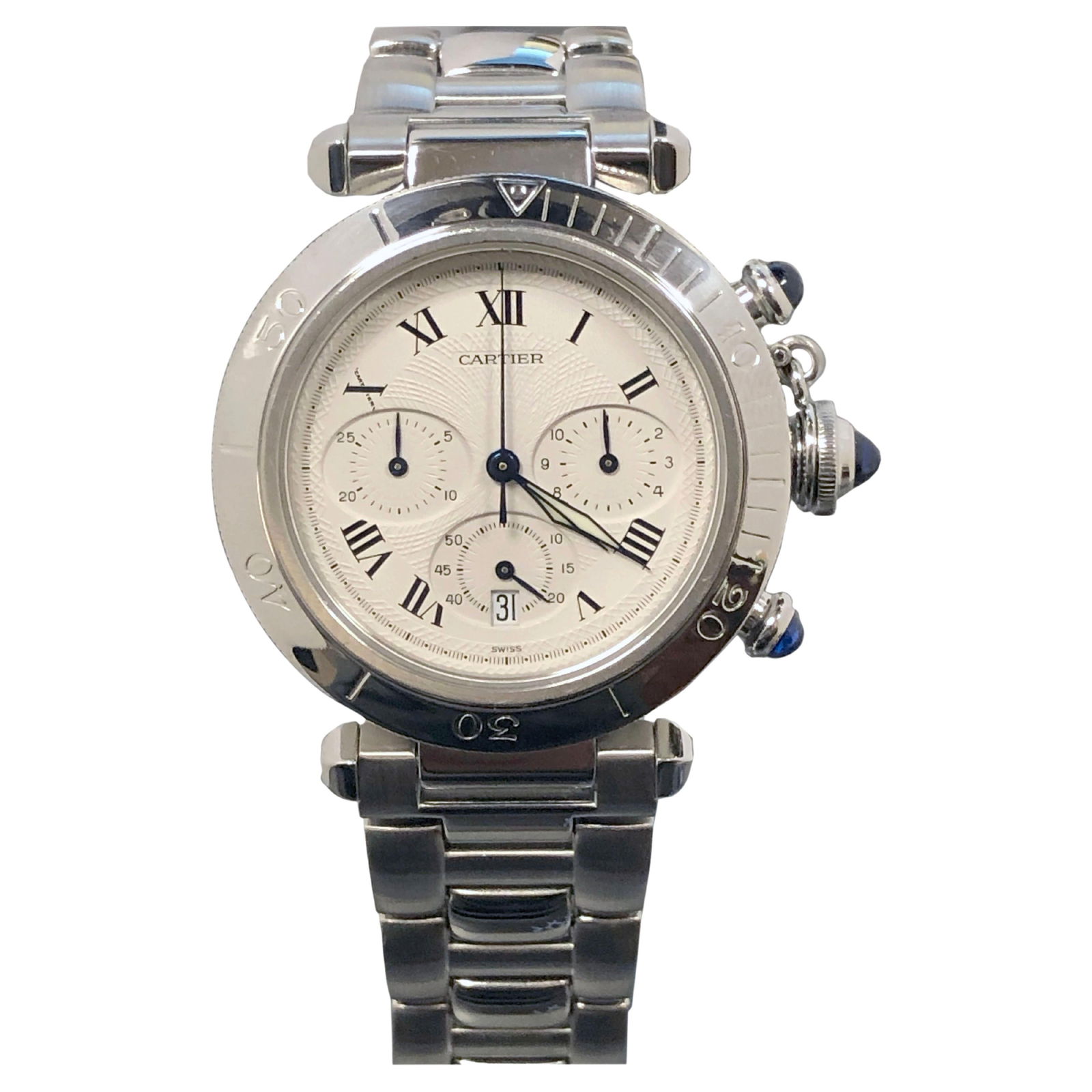 Cartier Pasha Reference 1050 Steel Quartz: Cartier Pasha Reference 1050 Steel Quartz Chronograph Wrist Watch Brand: Cartier Case Material: Steel Movement: Quartz Chronograph: Yes Case Dimensions: Diameter: 1.5 in (38 mm) Place of Origin: F