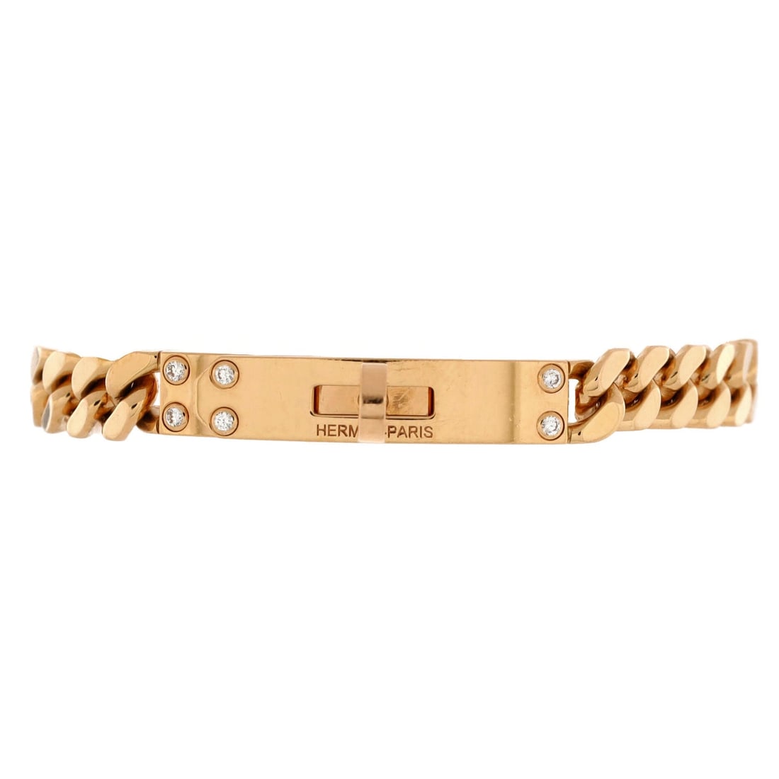 Hermes Kelly Gourmette Bracelet 18K Rose: Hermes Kelly Gourmette Bracelet 18K Rose Gold with Diamonds Very Small Metal Type: 18K Rose Gold Metal Finish: High Polish Hallmarks Type: 750, Designer Signature, French Eagles Head, Makers Mark, Ser