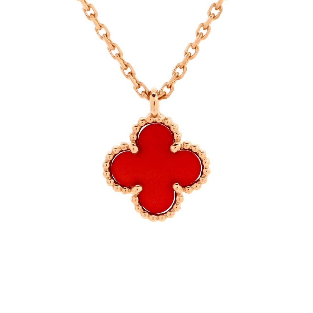 Van Cleef & Arpels Sweet Alhambra: Van Cleef & Arpels Sweet Alhambra Pendant Necklace 18K Rose Gold and Carnelian Metal Type: 18K Rose Gold Metal Finish: High Polish Hallmarks Type: 750, Designer Signature, French Eagles Head, Makers M