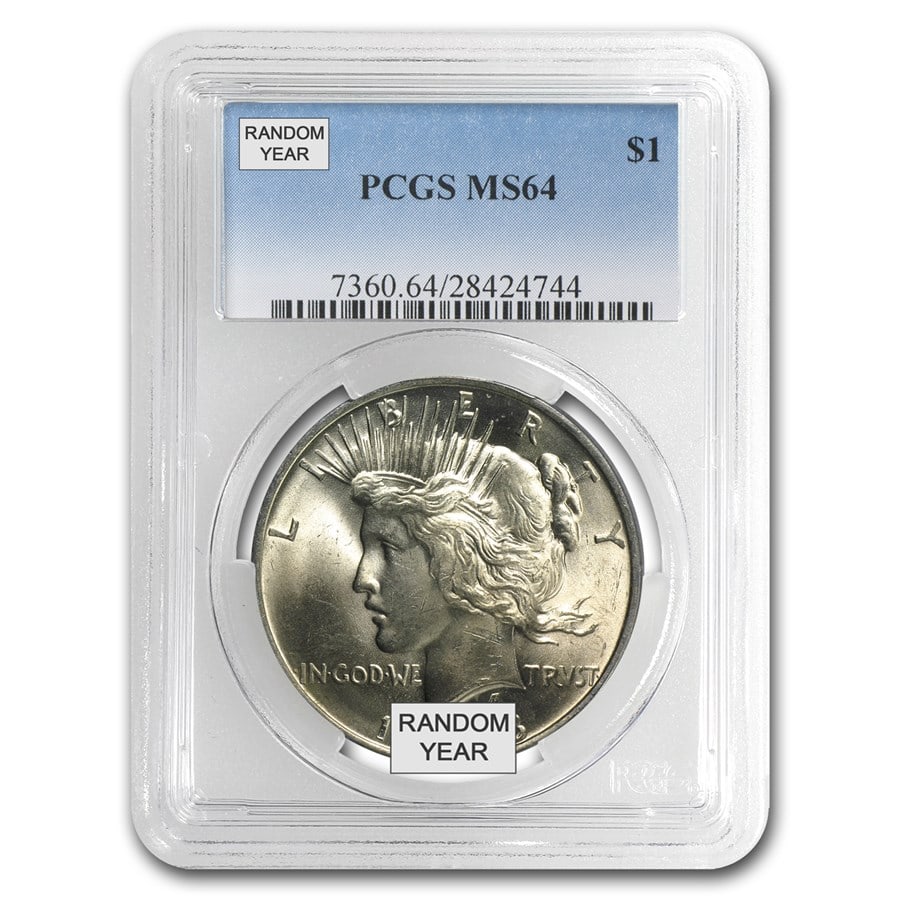 1922-1935 Peace Dollars MS-64 PCGS: 1922-1935 Peace Dollars MS-64 PCGS Product ID: 7202 Year: Random Grade: MS-64 Grade Service: PCGS Denomination: $1.00 Mint Mark: Varies Metal Content: 0.7734 troy oz Purity: .900