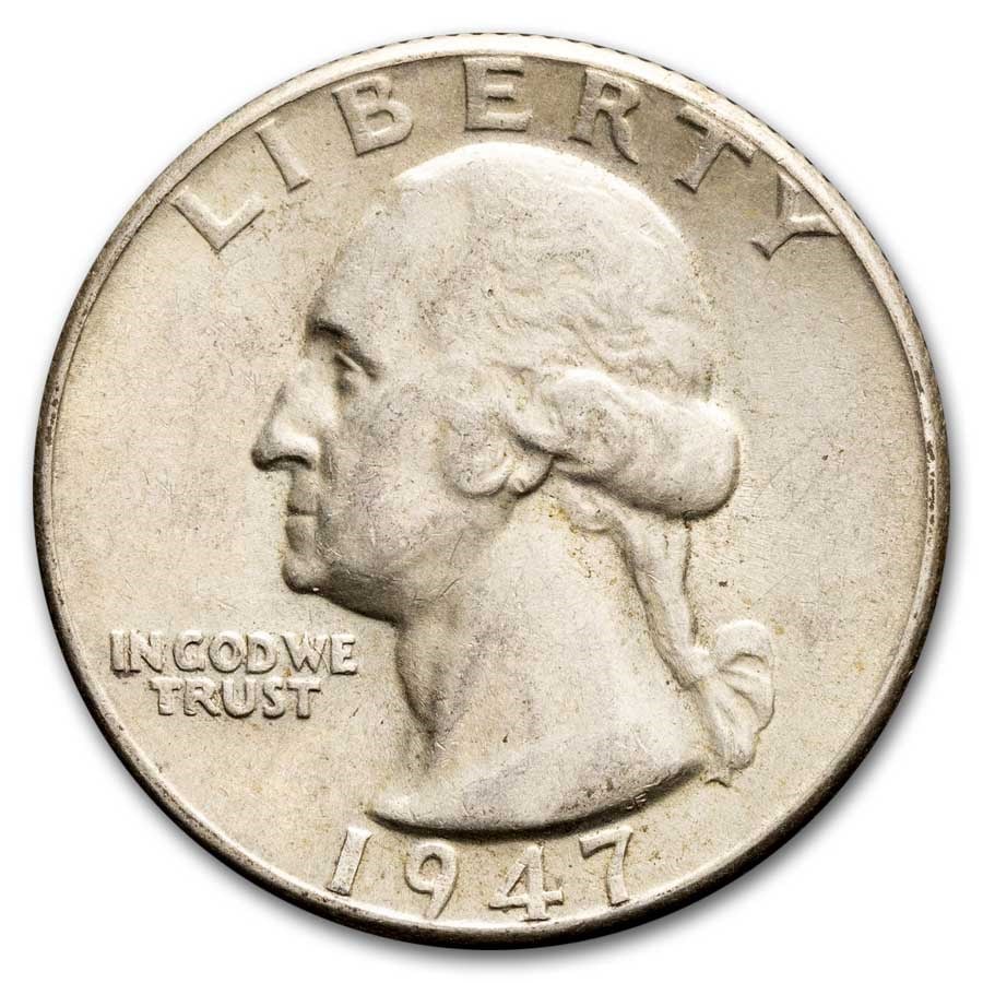 1947 Washington Quarter 40-Coin Roll Avg: 1947 Washington Quarter 40-Coin Roll Avg Circ Product ID: 49537 Year: 1947 Grade: Average Circulated Grade Service: None Denomination: 25 Cents Mint Mark: P - Philadelphia (Not Shown) Met