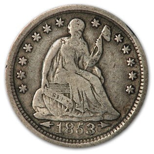 1853 Liberty Seated Half Dime w/Arrows: 1853 Liberty Seated Half Dime w/Arrows VF Product ID: 5710 Year: 1853 Grade: Very Fine Grade Service: None Denomination: Half Dime Mint Mark: P - Philadelphia (Not Shown) Metal Content: 0