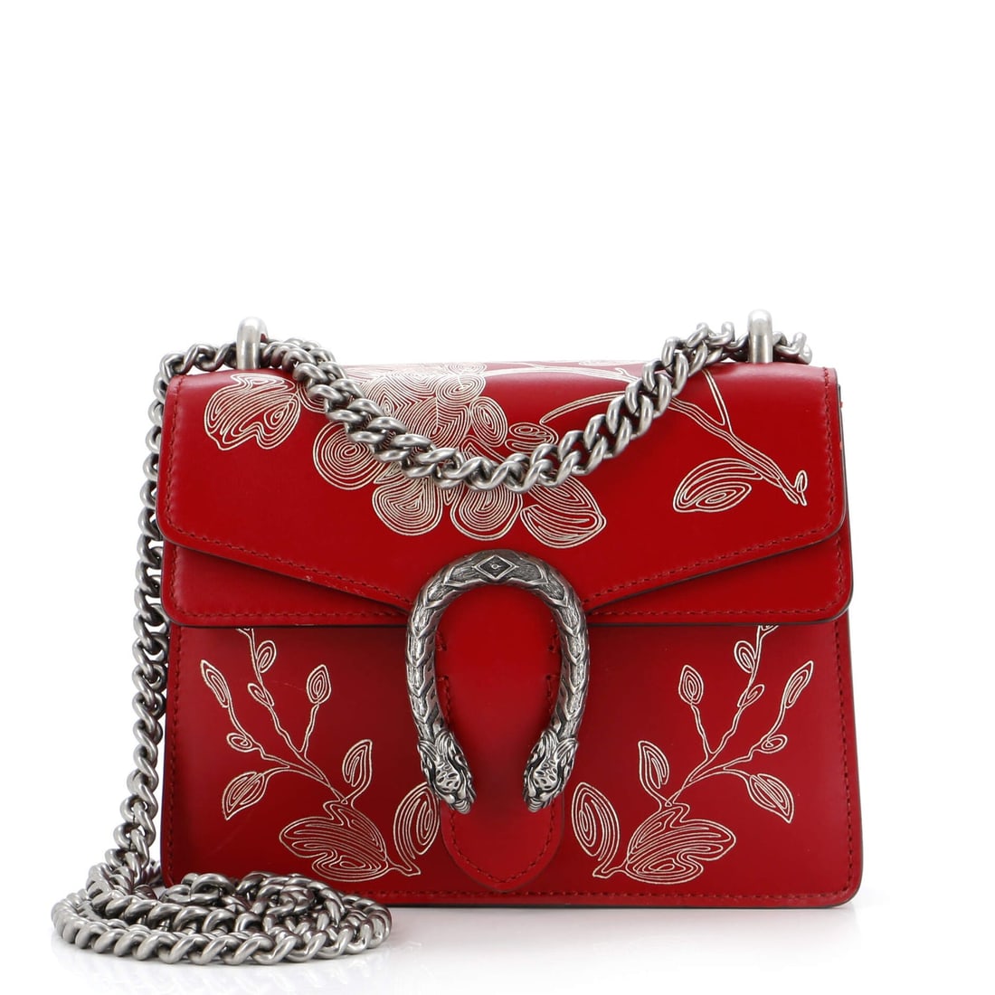 Gucci Dionysus Bag Limited Edition Painted: Gucci Dionysus Bag Limited Edition Painted Leather Mini Exterior Color: Red Interior Color: Neutral Exterior Material: Leather Interior Material: Fabric Hardware Color: Aged Silver Accessories: Du