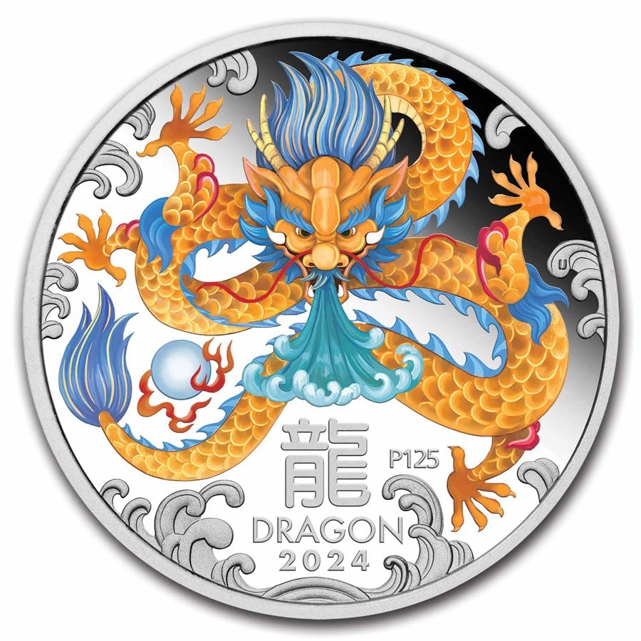 2024 AUS 1 oz Silver Lunar: 2024 AUS 1 oz Silver Lunar Dragon Proof Colorized (w/Box & COA) Product ID: 285820 Year: 2024 Grade: Proof Grade Service: None Denomination: 1 Dollar Mint Mark: P - Perth Metal Content: 1