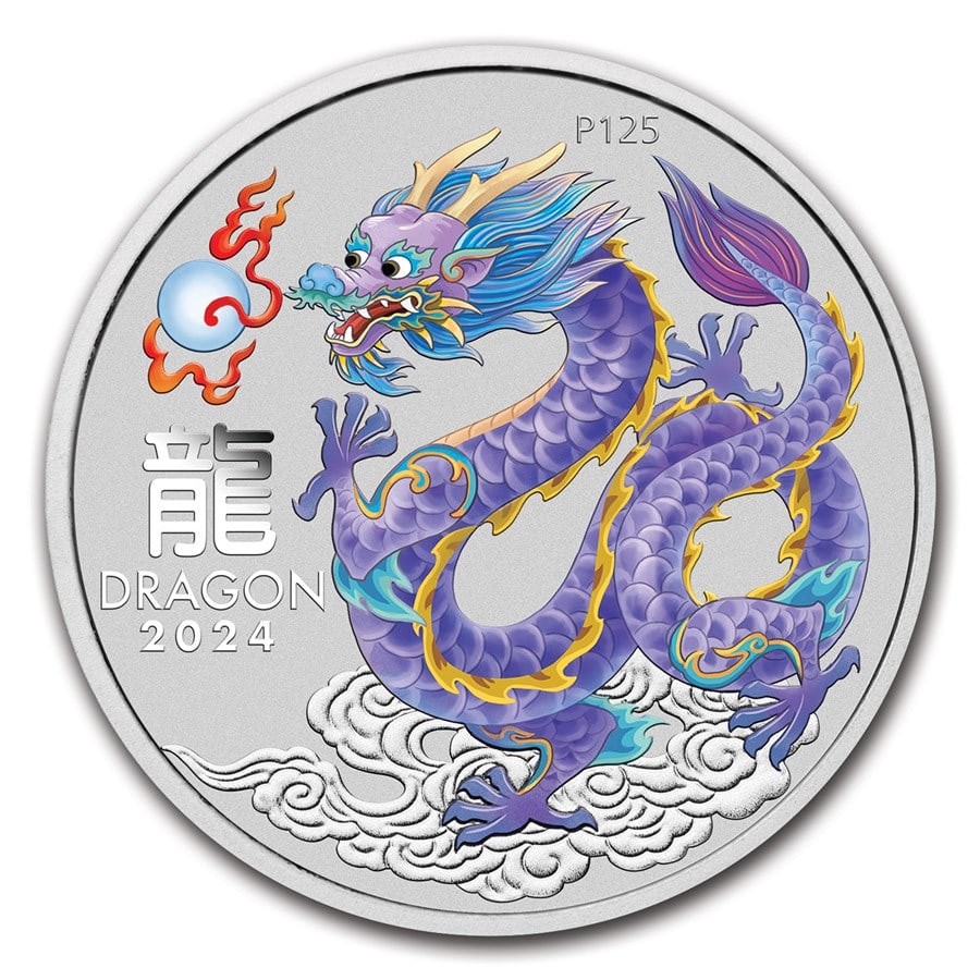 2024 AUS 1 oz Silver Lunar: 2024 AUS 1 oz Silver Lunar Lilac Dragon Sydney Money Expo in Card Product ID: 304517 Year: 2024 Grade: Uncirculated Grade Service: None Denomination: 1 Dollar Mint Mark: P - Perth Metal C