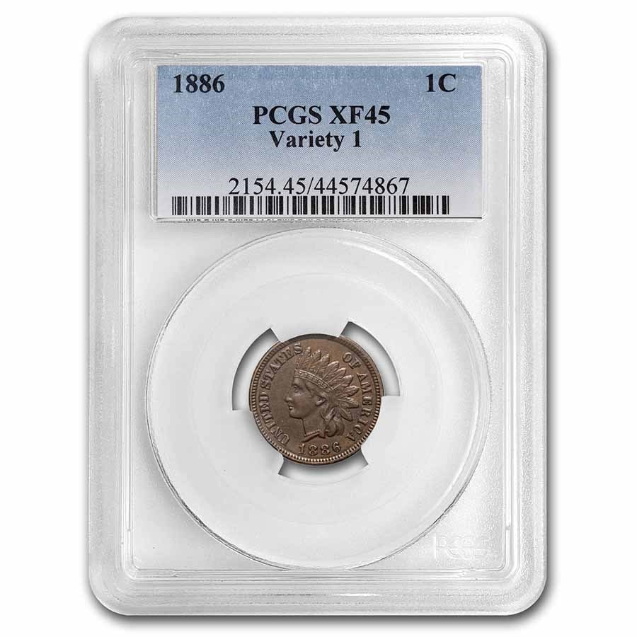 1886 Indian Head Cent Type-I XF-45: 1886 Indian Head Cent Type-I XF-45 PCGS SKU no: RBJ92972 Year: 1886 Grade Service: PCGS Denomination: $0.01 Metal Content: 0 troy oz Purity: N/A Thickness: 1.50 mm Diameter: 19 m