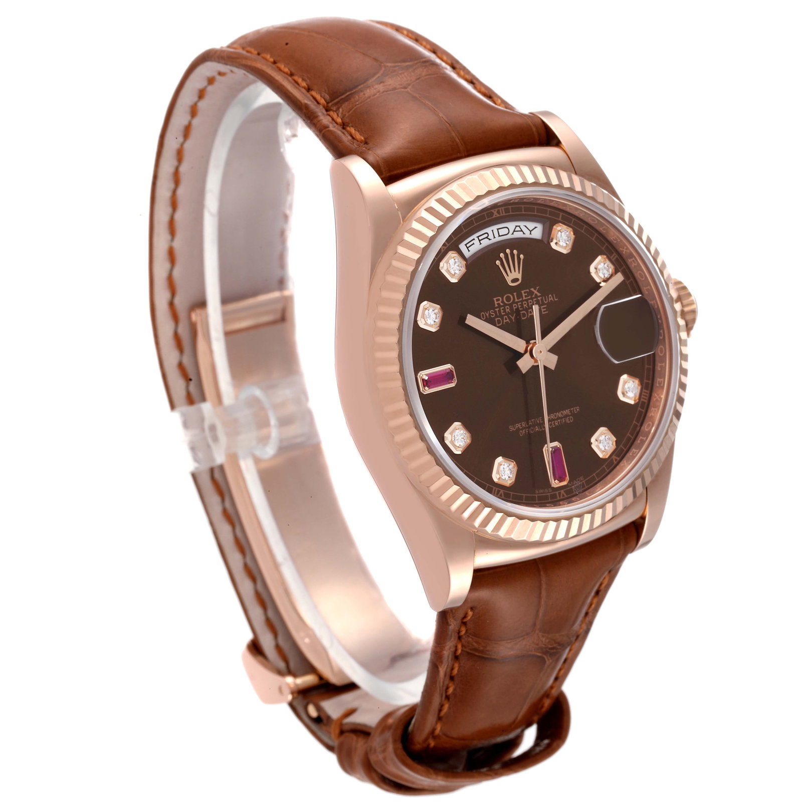 Rolex President Day Date Rose Gold: Rolex President Day Date Rose Gold Diamond Ruby Dial Mens Watch 118135 Box Card SKU no: RBJ46315 Brand: Rolex Model Name: Rolex President Day Date Rose Gold Diamond Ruby Dial Mens Watch 118135 Box Car