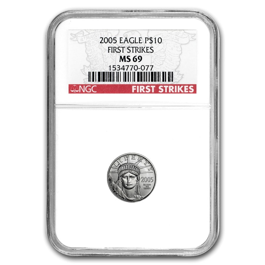 2005 1/10 oz American Platinum Eagle: 2005 1/10 oz American Platinum Eagle MS-69 NGC (First Strikes) SKU no: RBJ22119 Year: 2005 Grade: MS-69 Grade Service: NGC Denomination: 10 Dollars Mint Mark: Not Shown Metal Content: 0.1