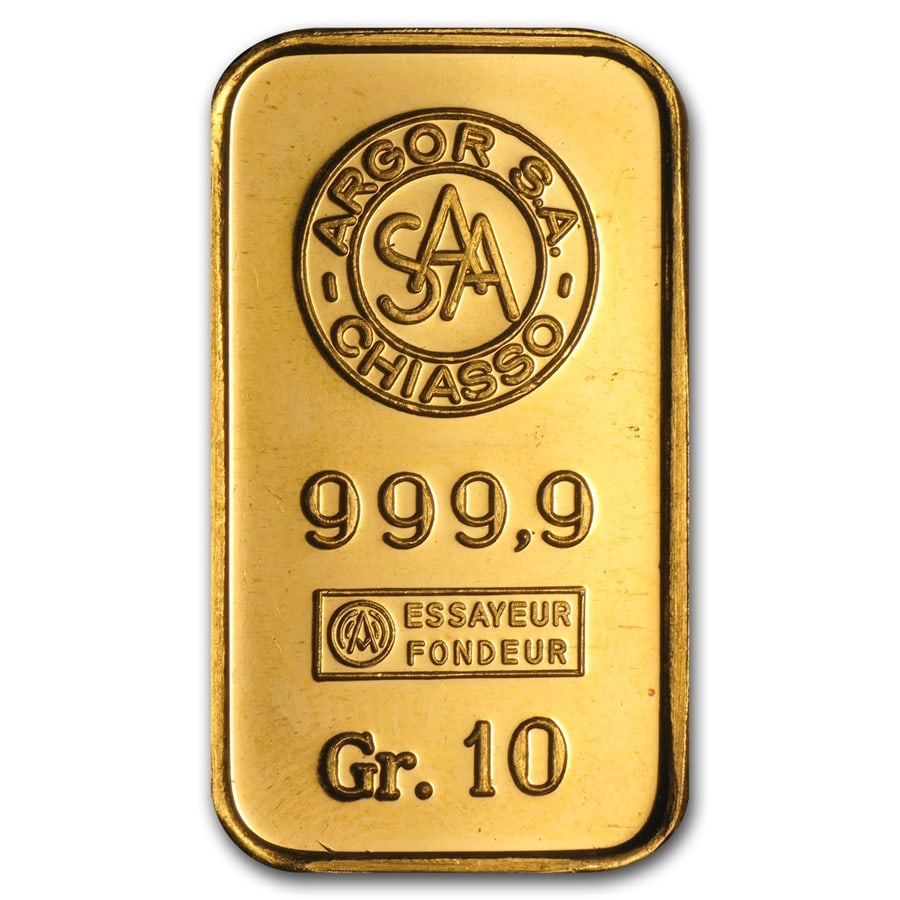 10 gram Gold Bar - Argor: 10 gram Gold Bar - Argor S.A. Chiasso SKU no: RBJ36580 Grade: None Grade Service: None Mint Mark: N/A - Not Available Metal Content: 0.3215 troy oz Purity: .9999 Thickness: 2.5 mm
