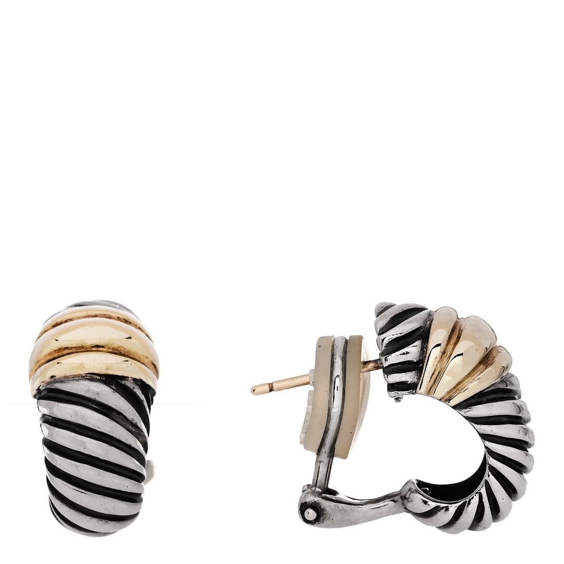 David Yurman Sterling Silver 14K Gold: David Yurman Sterling Silver 14K Gold Thoroughbred Shrimp Earrings Brand: DAVID YURMAN Condition: Shows Wear Condition Details: Hardware: Scratch(es), , Due to grading limitations imposed by mounted s