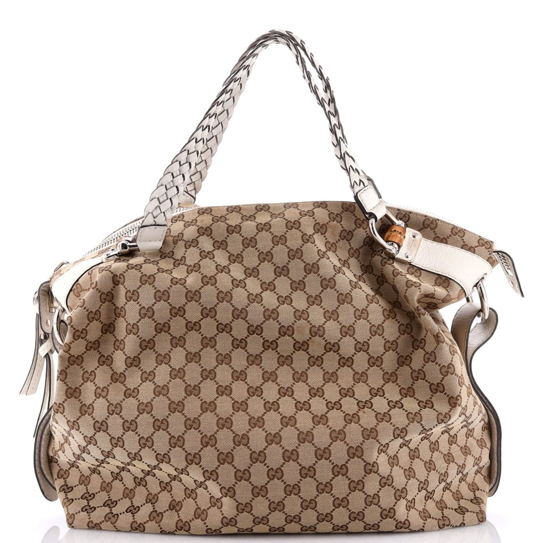 Gucci Bamboo Bar Shoulder Bag GG: Gucci Bamboo Bar Shoulder Bag GG Canvas Large Exterior Color: Brown Interior Color: Neutral Exterior Material: Canvas Plain Interior Material: Fabric Hardware Color: Silver Accessories: Dust bag <