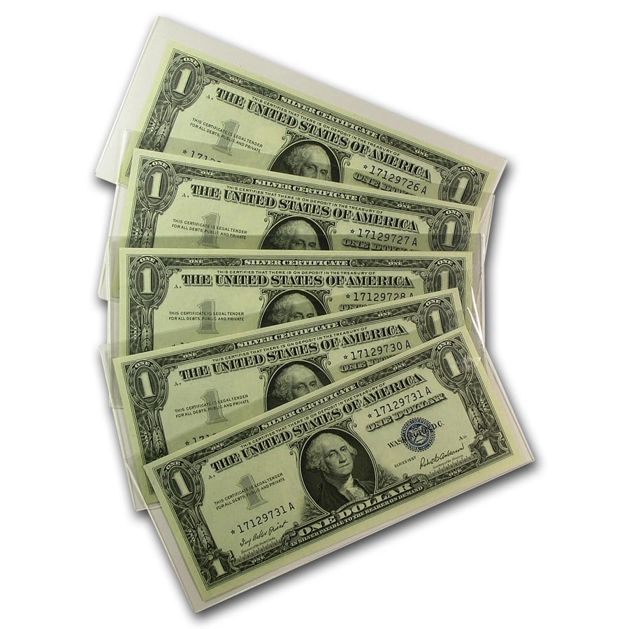 1957* $1 Silver Certificate CU (Fr#1619*): 1957* $1 Silver Certificate CU (Fr#1619*) Star Notes, 6 Consec SKU no: RBJ76790 Year: 1957 Grade: (U) Crisp Unc Grade Service: None Denomination: 1 Dollar Mint Mark: N/A - Not Available M