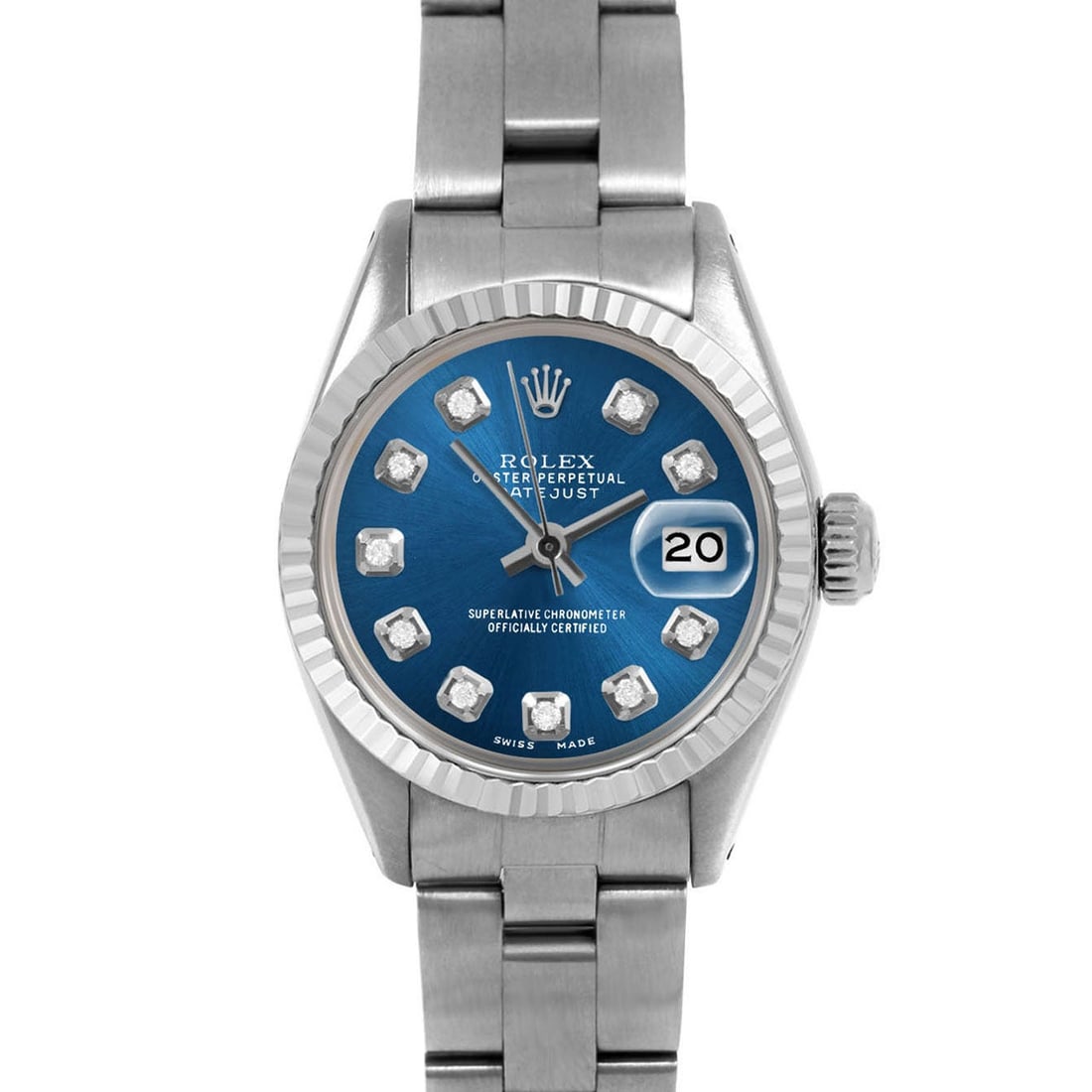 Rolex Datejust 6917 Custom Blue Diamond: Rolex Datejust 6917 Custom Blue Diamond Dial Oyster Band Fluted Bezel Brand: Rolex Case Material: Stainless Steel Stone: Diamond Stone Cut: Bead Weight: 907 g Case Dimensions: Width: 1.03 in (26 m