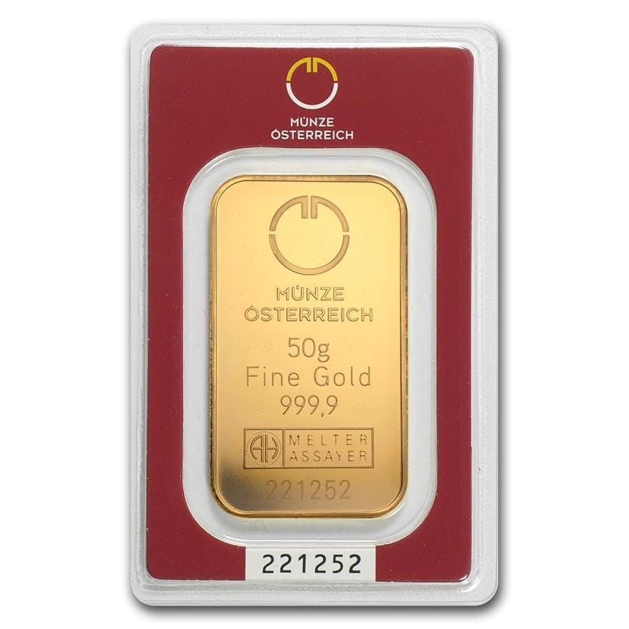 50 gram Gold Bar - Austrian: 50 gram Gold Bar - Austrian Mint (In Assay) SKU no: RBJ78379 Year: N/A Grade Service: Assay Card Denomination: 50 grams Mint Mark: N/A - Not Available Metal Content: 1.6075 troy oz Purity