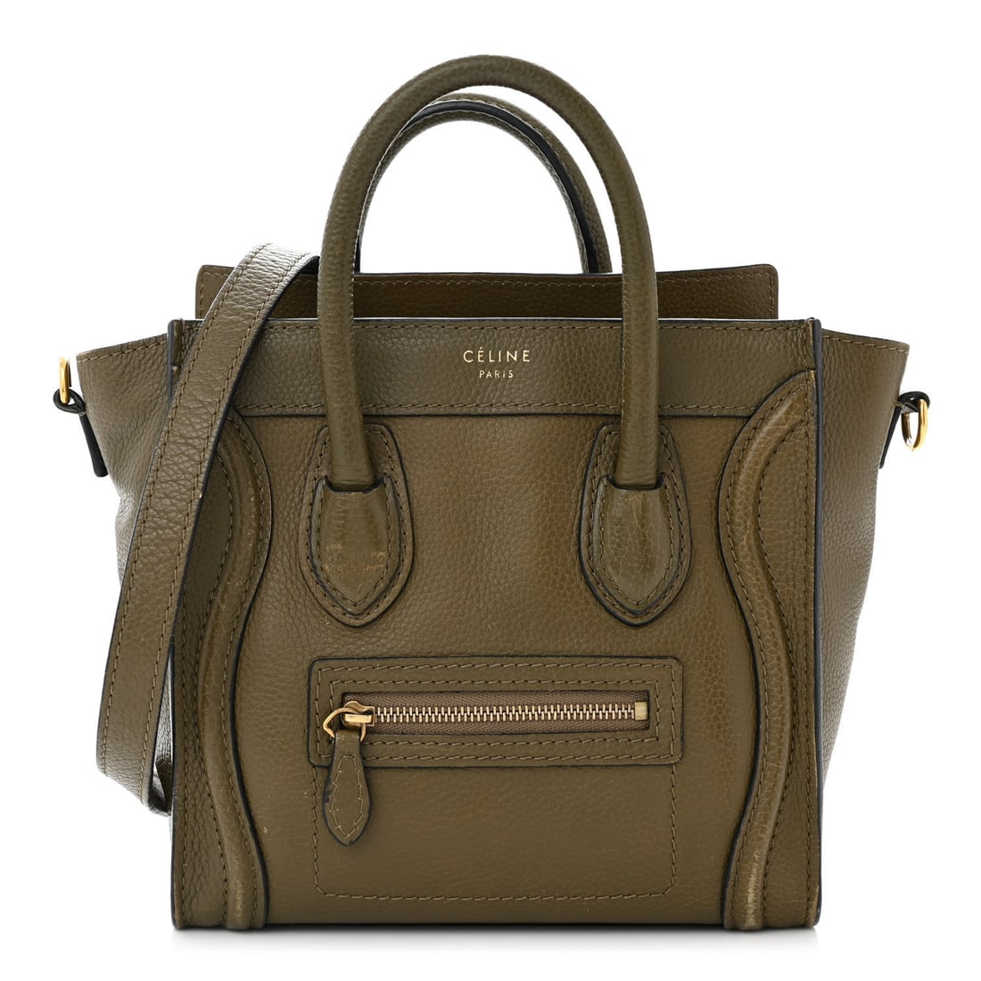 Celine Drummed Calfskin Nano Luggage Dark: Celine Drummed Calfskin Nano Luggage Dark Olive Brand: CELINE Condition: Shows Wear Condition Details: Exterior: Corner wear, scuffs, structure wear, discoloration, edge wear, wear at resin glazing, f
