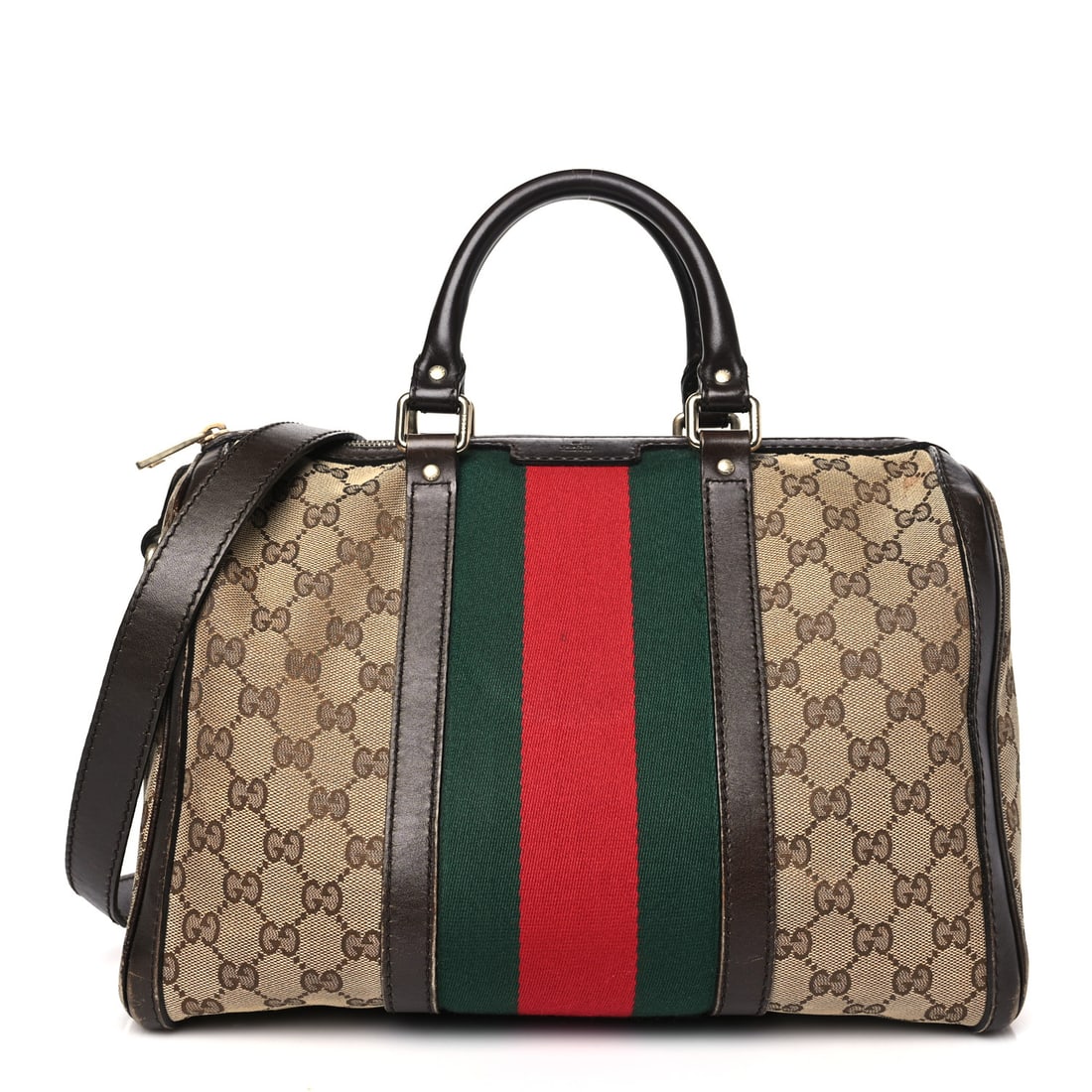 Gucci Monogram Selleria Calfskin Vintage Web: Gucci Monogram Selleria Calfskin Vintage Web Medium Boston Beige Ebony Cocoa Brand: GUCCI Condition: Worn Condition Details: Interior: Residue marks, pocket(s) stretched, stain(s), Exterior: Edge wear