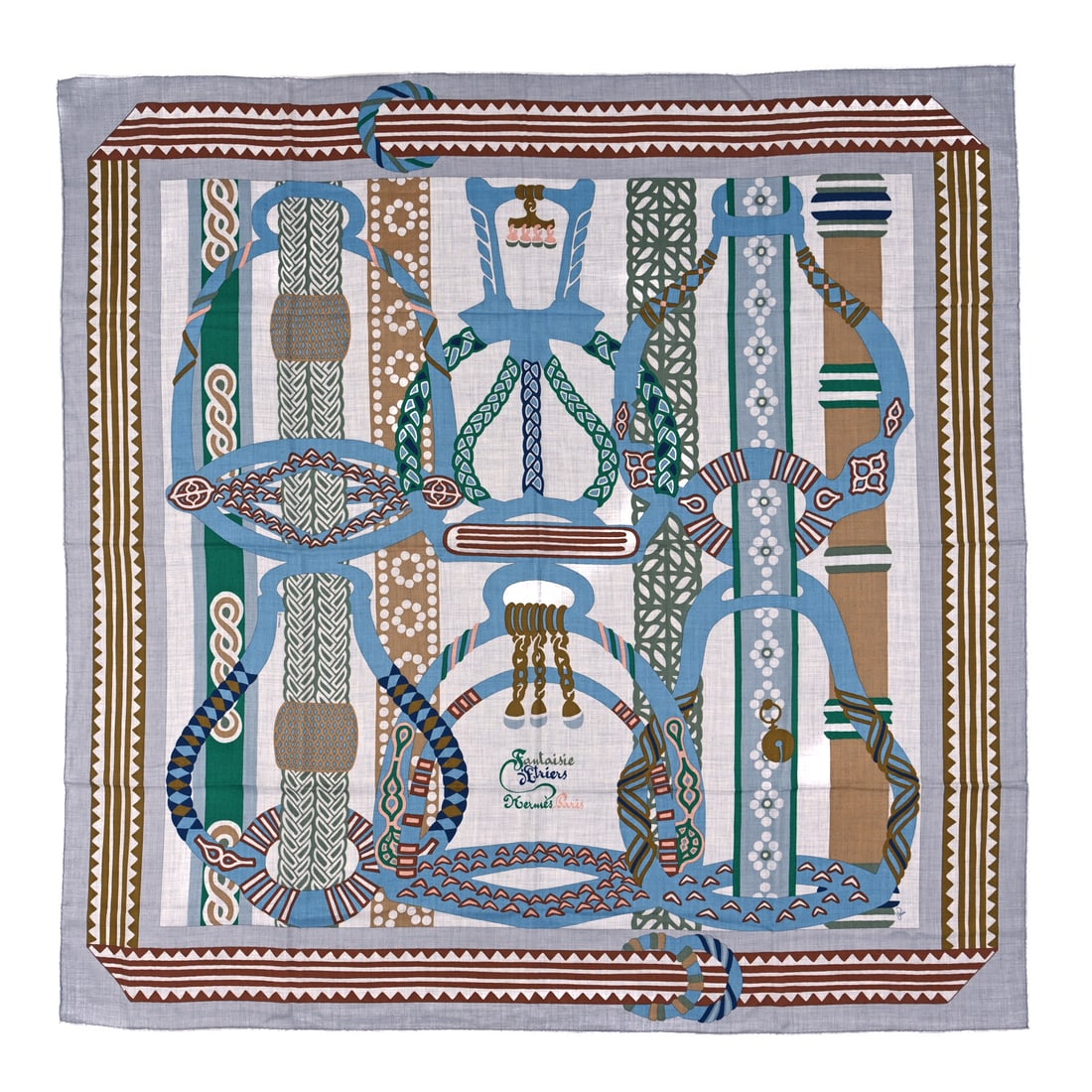 Hermes Cashmere Silk Fantaisie Detriers Shawl: Hermes Cashmere Silk Fantaisie Detriers Shawl 140 Gris Chine Vert Bleu Brand: HERMES Condition: Excellent Condition Details: Interior: Perfume or cologne odor, Other: Snag(s), Length: 55 in Height: 55