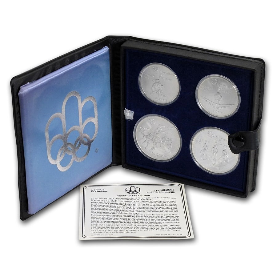 1973-1976 Canada 4-Coin Silver Montreal Olympics: 1973-1976 Canada 4-Coin Silver Montreal Olympics BU Set SKU no: RBJ88078 Year: 1976 Grade: Brilliant Unc Grade Service: None Denomination: (2) $5, (2) $10 Mint Mark: RCM (Not Shown) Metal