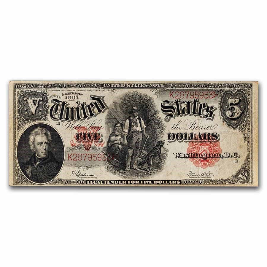 1907 $5.00 Legal Tender Jackson/Woodchopper Fine: 1907 $5.00 Legal Tender Jackson/Woodchopper Fine (Fr#91) SKU no: RBJ20101 Year: 1907 Grade: Fine Grade Service: None Denomination: $5.00 Mint Mark: N/A - Not Available Metal Content: 0 tr