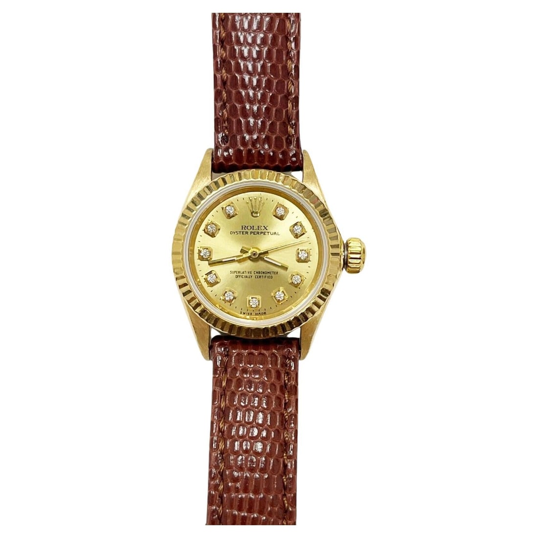 Rolex Ladies 6619 Oyster Perpetual Diamond: Rolex Ladies 6619 Oyster Perpetual Diamond Dial 18K Yellow Gold Brand: Rolex Period: 1960-1969 Date of Manufacture: 1966 Condition: Excellent. In original box.Replacements made. Custom Diamond Dial Cu