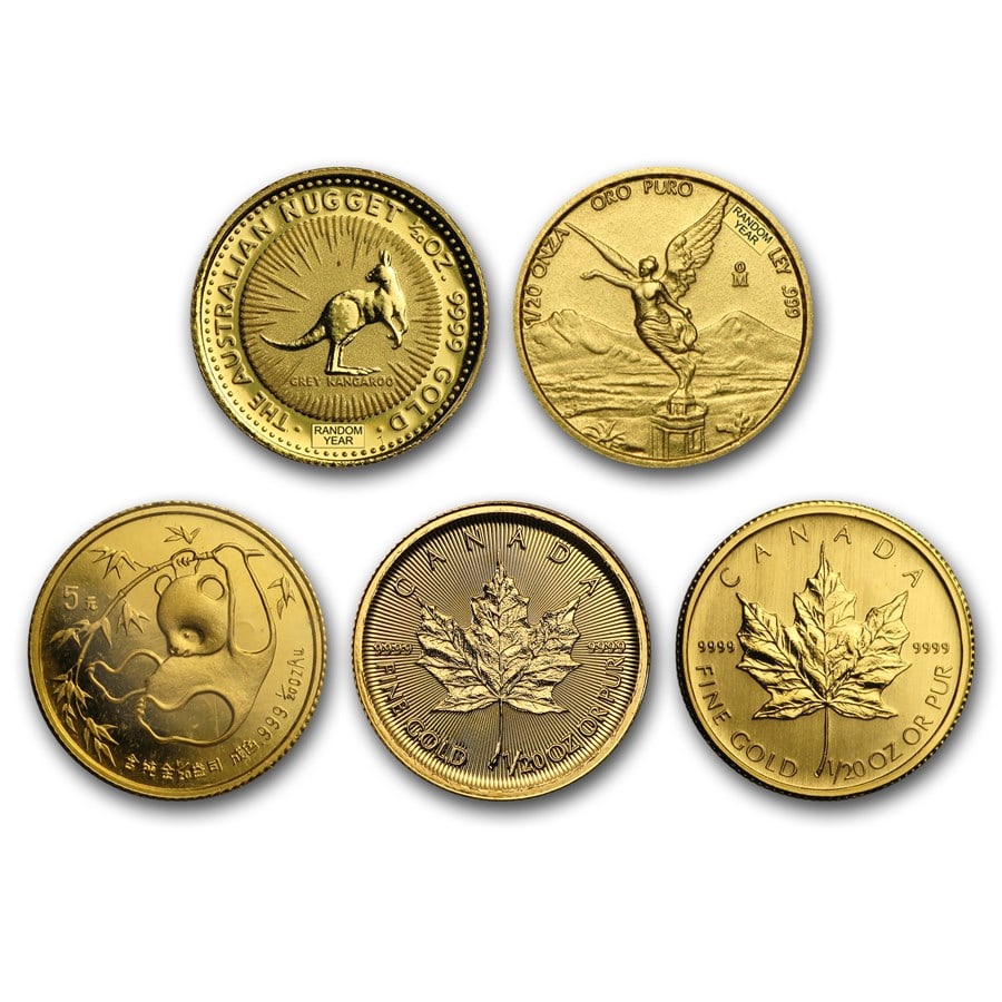 1/20 oz Gold Coin - Random: 1/20 oz Gold Coin - Random Mint SKU no: RBJ158904 Year: Varies Grade: None Grade Service: None Denomination: Varies Mint Mark: N/A - Not Available Metal Content: 0.05 troy oz Pur