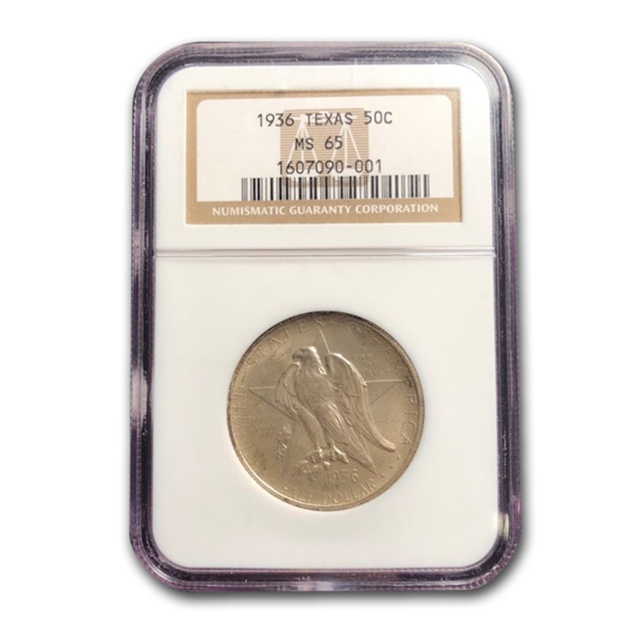 1936 Texas Centennial Half Dollar Commem: 1936 Texas Centennial Half Dollar Commem MS-65 NGC SKU no: RBJ74977 Year: 1936 Grade Service: NGC Denomination: 50 Cents Metal Content: 0.3617 troy oz Purity: .900 Thickness: 2.15 mm