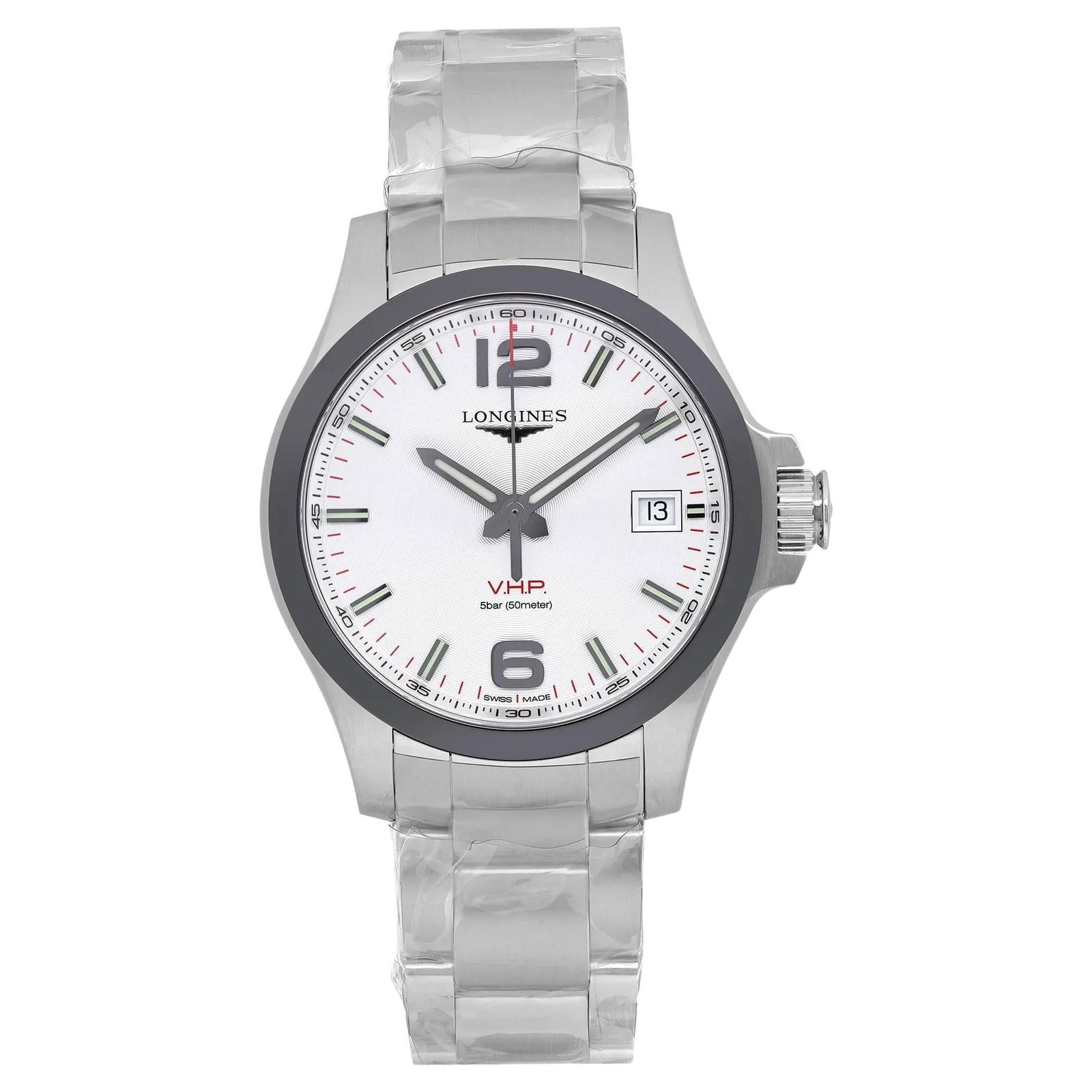 Longines Conquest V.H.P. 41mm Steel Ceramic: Longines Conquest V.H.P. 41mm Steel Ceramic Silver Dial Mens Watch L3.719.4.76.6 Brand: Longines Design: Conquest Watch Case Material: Steel Strap Material: Stainless Steel Case Shape: Round Case