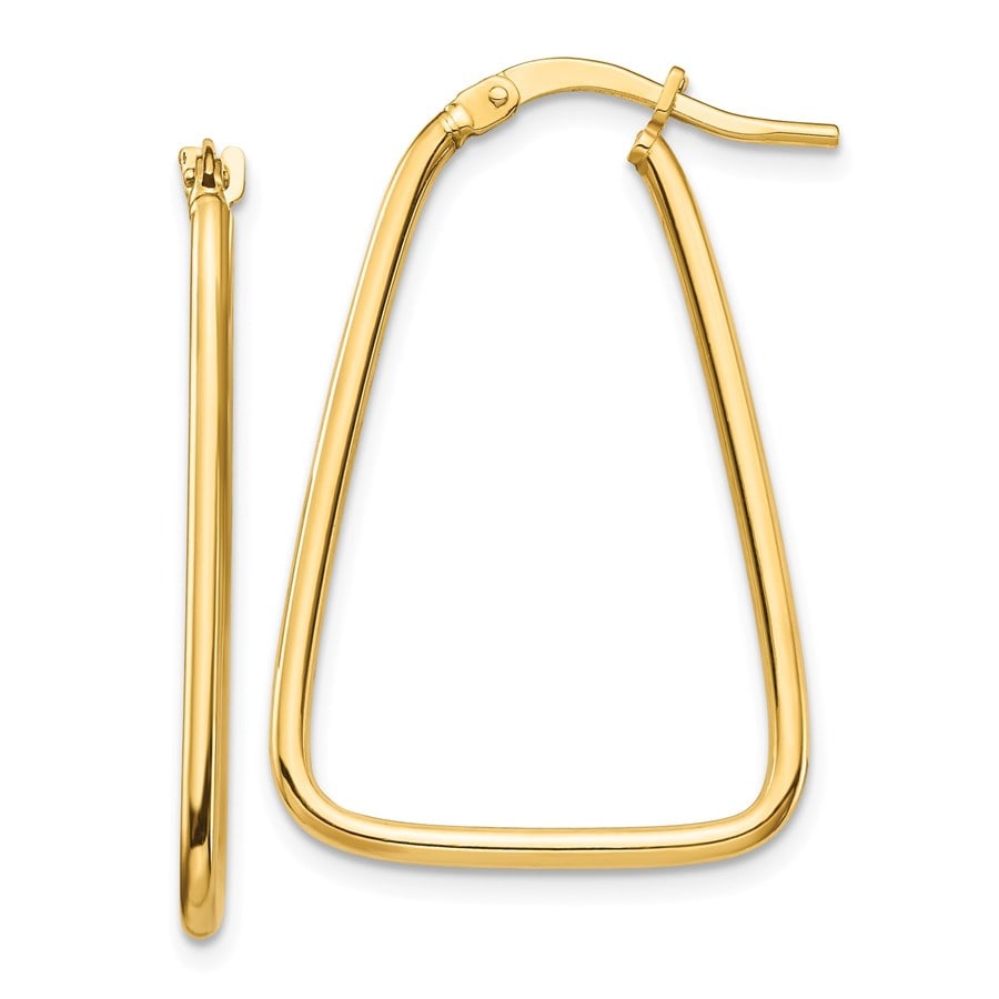 14k Yellow Gold Triangle Dangle Hoop: 14k Yellow Gold Triangle Dangle Hoop Earrings - 1.5x20 mm SKU no: RBJ184535 Metal: Gold Purity: 14K Finish: Polished Length Of Item: 30 mm Earring Closure: Wire & Clutch Earring Type: Hoo