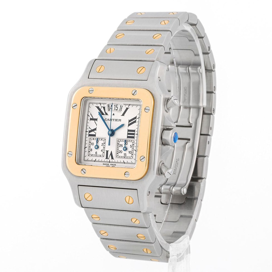 Cartier Santos Steel and Gold 29mm: Cartier Santos Steel and Gold 29mm unisex Brand: Cartier Design: Santos Chronograph Watch Santos Watch Collection Case Material: Gold, Steel Case Shape: Square Movement: Quartz Chronograph: Yes <b