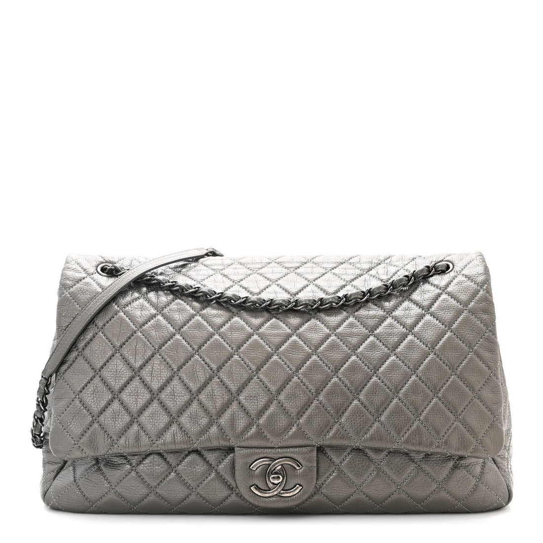 Chanel Metallic Calfskin Quilted XXL Travel: Chanel Metallic Calfskin Quilted XXL Travel Flap Bag Dark Silver Brand: CHANEL Condition: Shows Wear Condition Details: Exterior: Corner wear, creases, scuffs, frayed stitch(es), Handle: Edge wear, cr