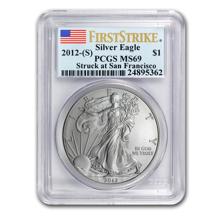 2012 (S) American Silver Eagle MS-69: 2012 (S) American Silver Eagle MS-69 PCGS (FirstStrike) SKU no: RBJ68523 Year: 2012 Grade Service: PCGS Denomination: 1 Dollar Metal Content: 1 troy oz Purity: .999 Thickness: 2.98 mm