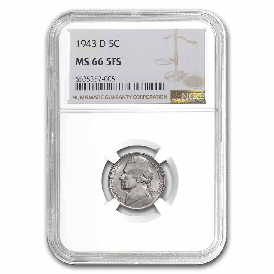 1943-D Jefferson Nickel MS-66 NGC (FS): 1943-D Jefferson Nickel MS-66 NGC (FS) SKU no: RBJ253813 Year: 1943 Grade Service: NGC Denomination: 5 Cents Metal Content: 0.0562 troy oz Purity: N/A Thickness: 1.95 mm Diameter
