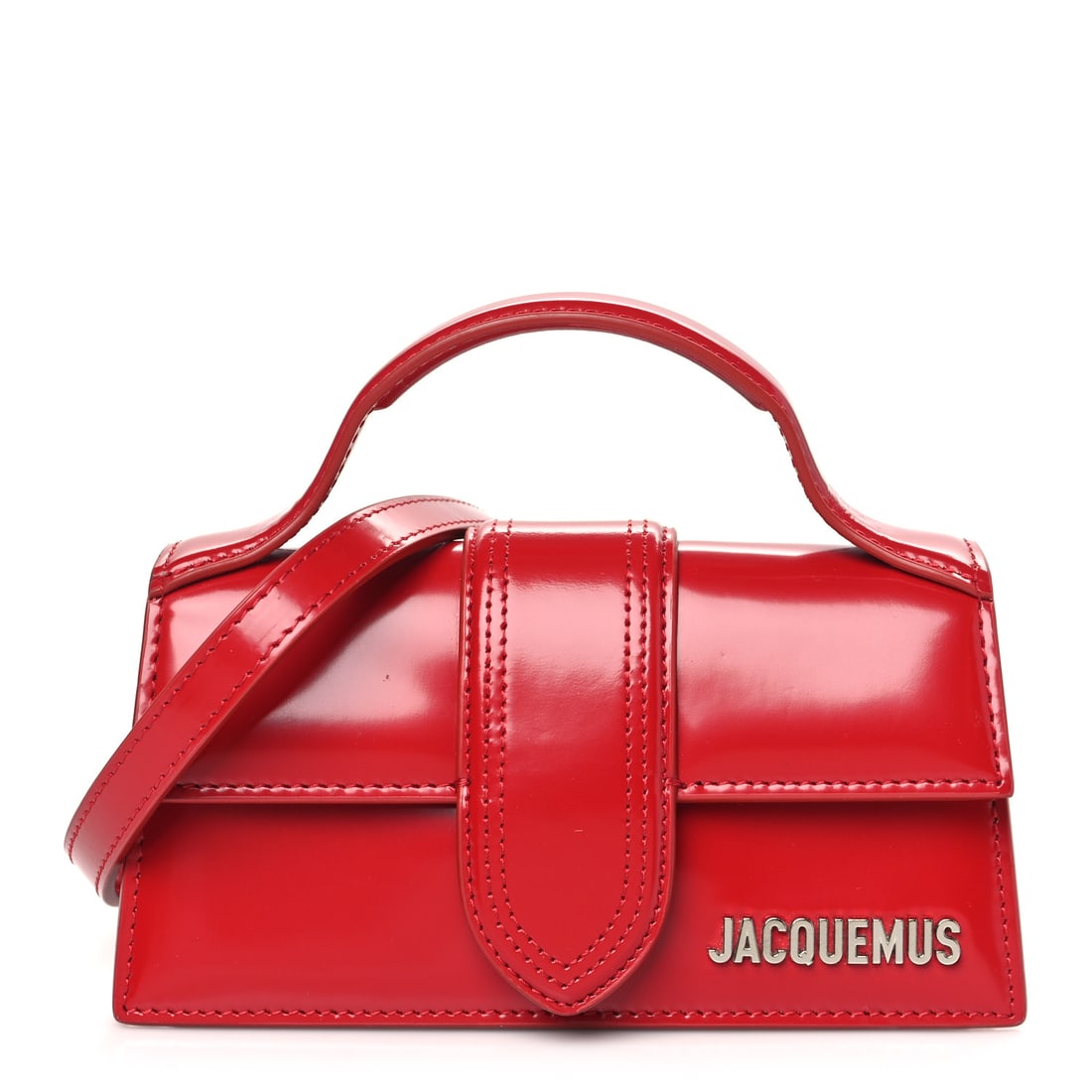 Jacquemus Glazed Calfskin Le Bambino Red: Jacquemus Glazed Calfskin Le Bambino Red Brand: JACQUEMUS Condition: Excellent Condition Details: Handle: Creases, Interior: Creases, Exterior: Imprints, faint scuffs, surface wear, , Box, Dust bag Ba