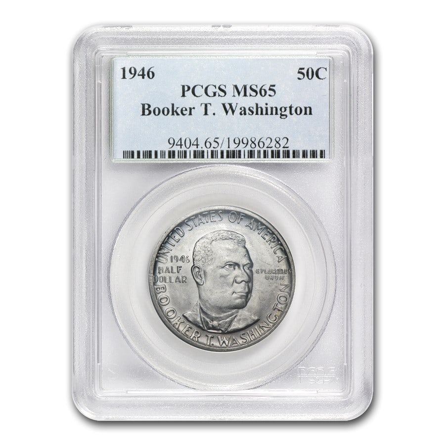 1946 Booker T. Washington Half MS-65: 1946 Booker T. Washington Half MS-65 PCGS SKU no: RBJ66106 Year: 1946 Grade: MS-65 Grade Service: PCGS Denomination: 50 Cents Mint Mark: P - Philadelphia (Not Shown) Metal Content: 0.3617