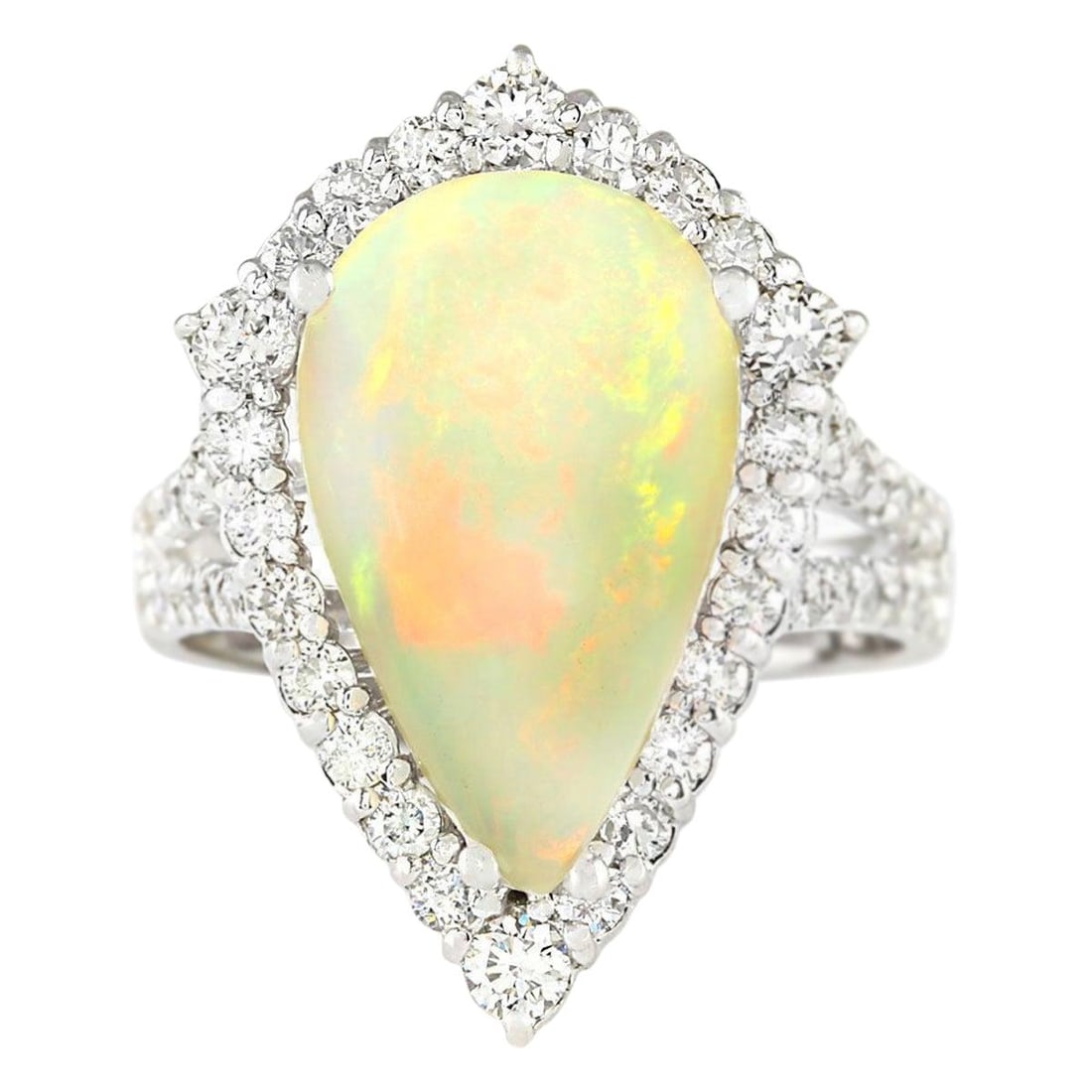 Natural Opal Diamond Ring In 14: Natural Opal Diamond Ring In 14 Karat White Gold Ring Size: 7 US, Resizable Metal: 14k Gold, White Gold Stone: Diamond, Opal Stone Cut: Pear Cut Place of Origin: United States Period: 2010-