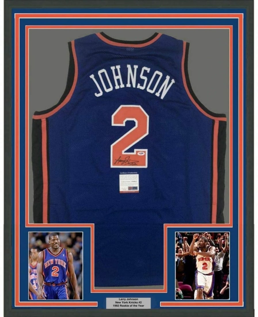 FRAMED Autographed/Signed LARRY JOHNSON 33x42 New: FRAMED Autographed/Signed LARRY JOHNSON 33x42 New York Blue Jersey PSA/DNA COA FRAMED Autographed/Signed LARRY JOHNSON 33x42 New York Blue Jersey PSA/DNA COA Guidelines for Bidding We recommend for al