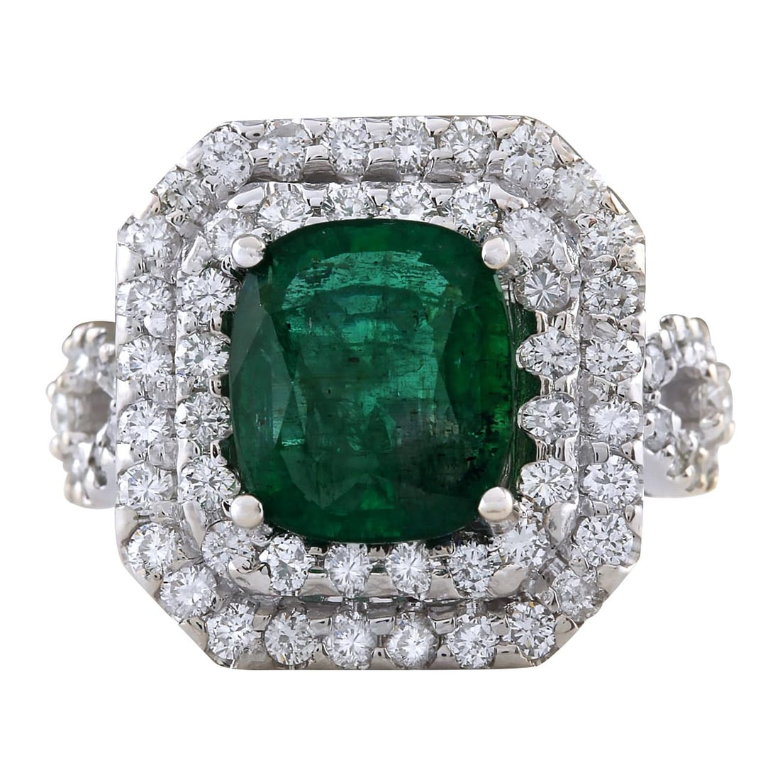 Emerald Diamond Ring In 14 Karat: Emerald Diamond Ring In 14 Karat White Gold Ring Size: 7 US, Resizable Metal: 14k Gold, White Gold Stone: Diamond, Emerald Stone Cut: Cushion Cut Place of Origin: United States Period: 2010- <