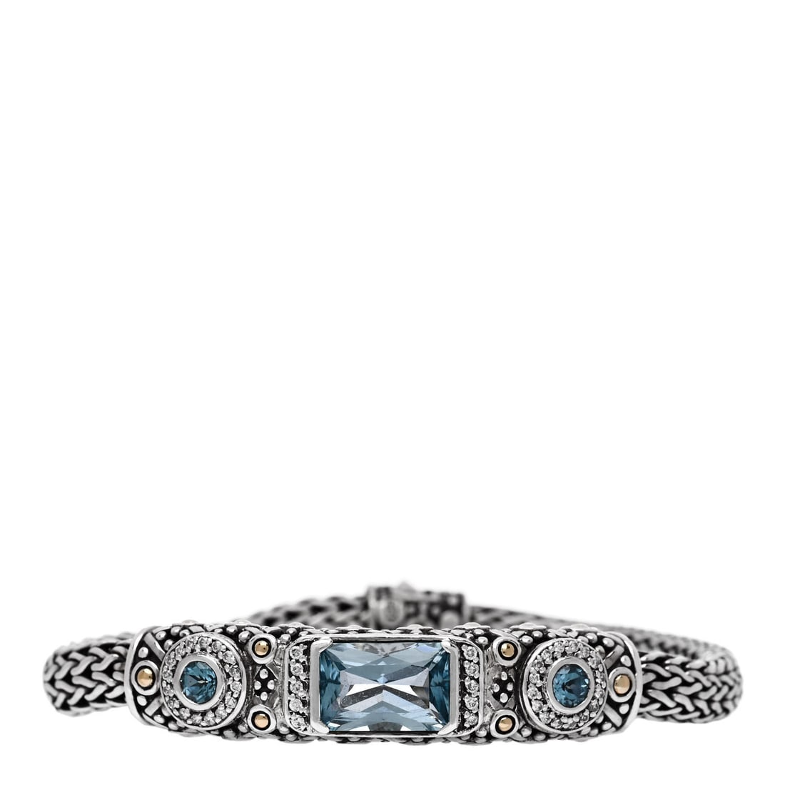 John Hardy Sterling Silver 18K Yellow: John Hardy Sterling Silver 18K Yellow Gold Blue Topaz Diamond Batu Sari Bracelet Brand: JOHN HARDY Condition: Shows Wear Condition Details: Hardware: Scratch(es), nick(s),Pouch, Due to grading limitat