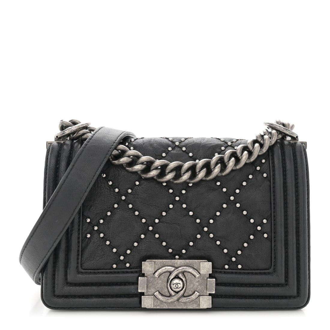 Chanel Crumpled Lambskin Small Studded Boy: Chanel Crumpled Lambskin Small Studded Boy Flap Black Brand: CHANEL Condition: Shows Wear Condition Details: Exterior: Corner wear, edge wear, surface wear, Handle: Surface wear, edge wear, Interior:
