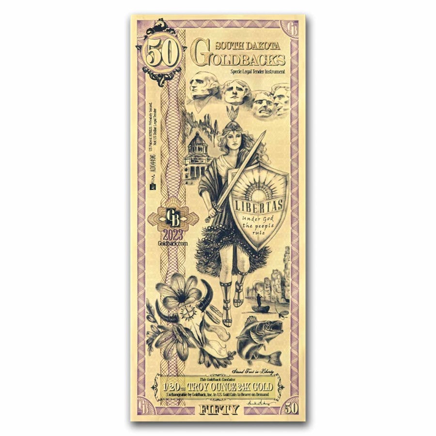 50 South Dakota Goldback - Aurum: 50 South Dakota Goldback - Aurum Gold Foil Note (24k) Product ID: 284142 Grade: (U) Uncirculated Grade Service: None Mint Mark: N/A - Not Available Metal Content: 0.05 troy oz Purity: .999