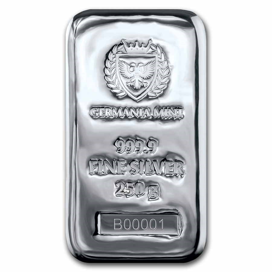 250 gram Silver Bar - Germania: 250 gram Silver Bar - Germania Mint (Serialized) Product ID: 236216 Year: N/A Grade: None Grade Service: None Mint Mark: N/A - Not Available Metal Content: 8.0375 troy oz Purity: .9999