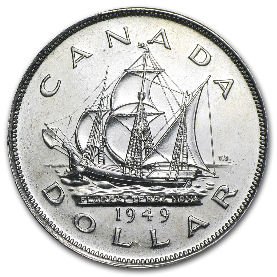 1949 Canada Silver Dollar George VI: 1949 Canada Silver Dollar George VI AU Product ID: 79313 Year: 1949 Grade: Almost Unc Grade Service: None Denomination: $1.00 Dollar Mint Mark: RCM (Not Shown) Metal Content: 0.6 troy oz