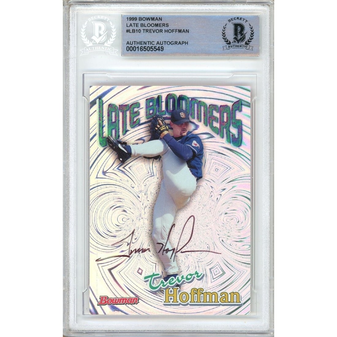 trevor hoffman san diego padres signed: trevor hoffman san diego padres signed 1999 bowman late bloomers card beckett auth auto This Trevor Hoffman San Diego Padres autographed 1999 Bowman Late Bloomers Card Beckett Auth Auto is a valuable