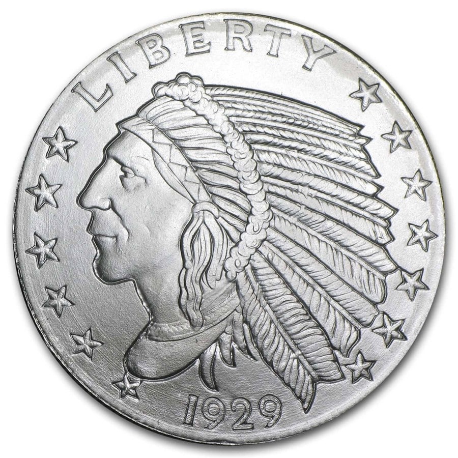 1/2 oz Silver Round - Incuse: 1/2 oz Silver Round - Incuse Indian Product ID: 59309 Year: N/A Grade: None Grade Service: None Denomination: 1/2 oz Mint Mark: N/A - Not Available Metal Content: 0.5 troy oz Pur