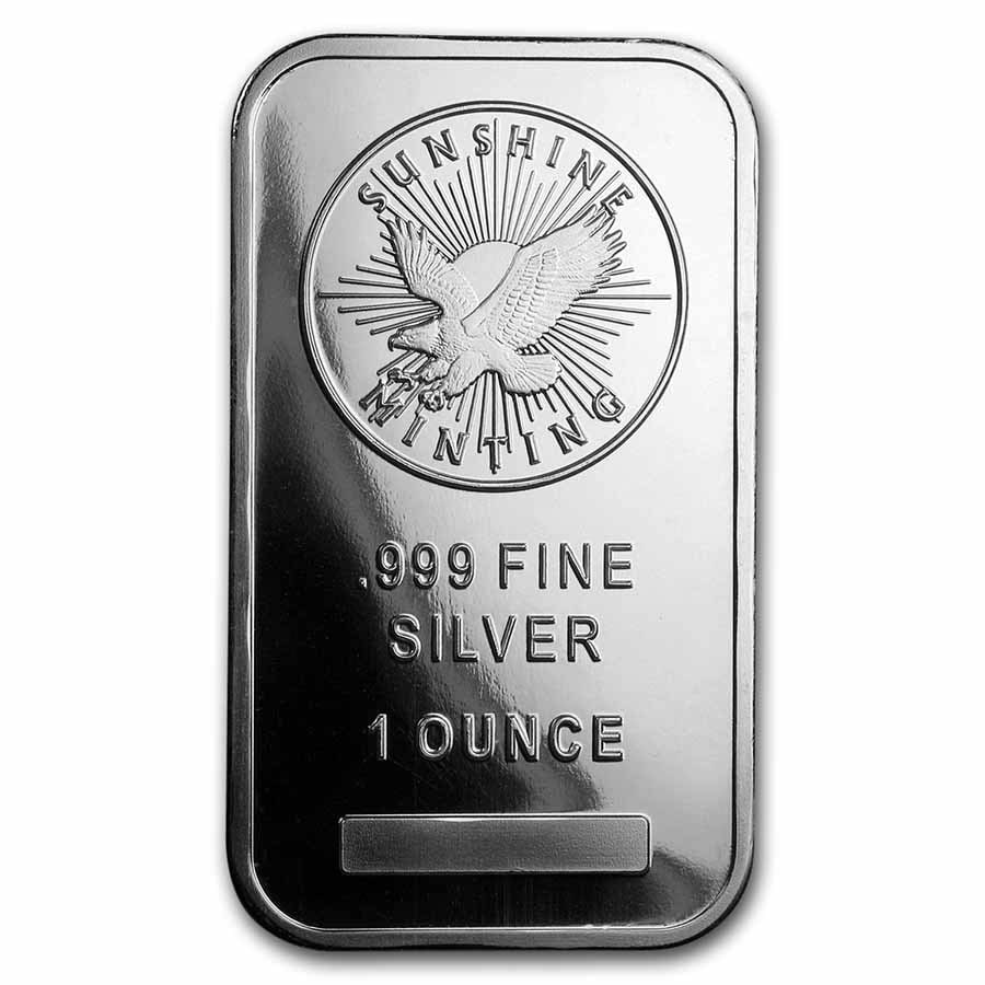 1 oz Silver Bar - Sunshine: 1 oz Silver Bar - Sunshine (Mint Mark SI) Product ID: 72282 Year: N/A Grade: None Grade Service: None Denomination: 1 oz Mint Mark: N/A - Not Available Metal Content: 1 troy oz P