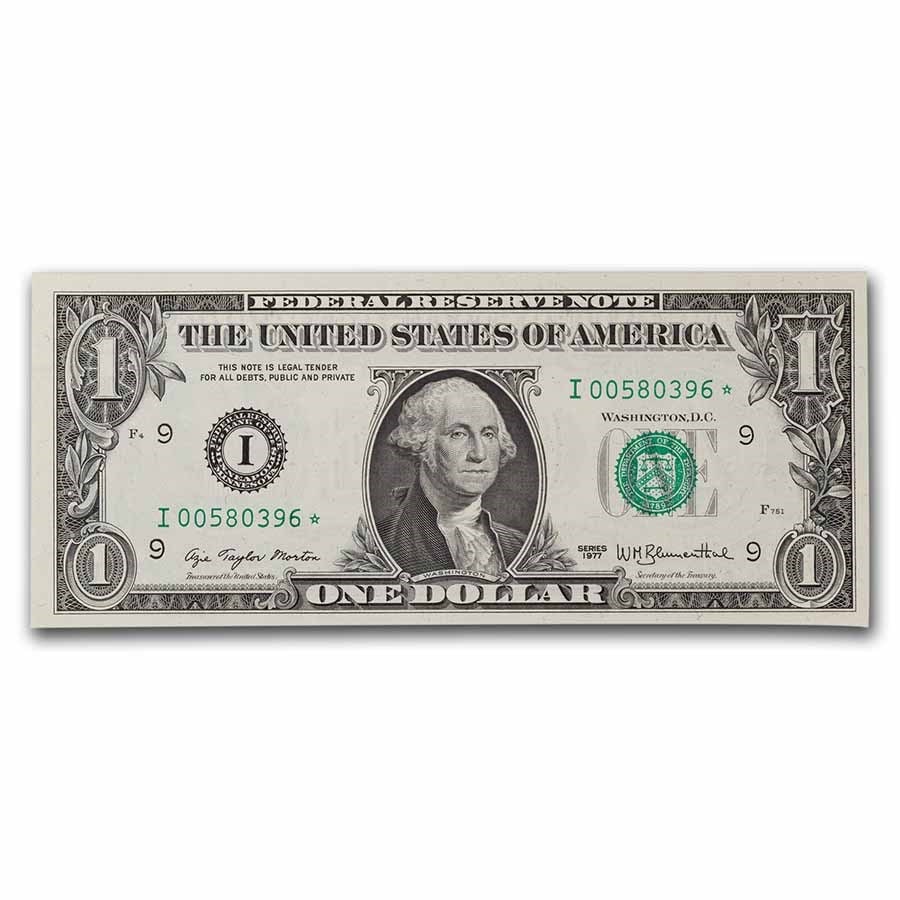 1977* (I-Minneapolis) $1.00 FRN CU (Fr#1909-I*): 1977* (I-Minneapolis) $1.00 FRN CU (Fr#1909-I*) Star Note! Product Id: 271714 Year: 1977 Grade: (U) Crisp Unc Grade Service: None Denomination: 1 Dollar Mint Mark: I - Minneapolis Metal C