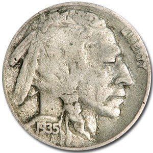1935-D Buffalo Nickel Good+: 1935-D Buffalo Nickel Good+ Product ID: 7972 Year: 1935 Grade: Good Grade Service: None Denomination: $0.05 Mint Mark: D - Denver Metal Content: 0 troy oz Purity: N/A Th