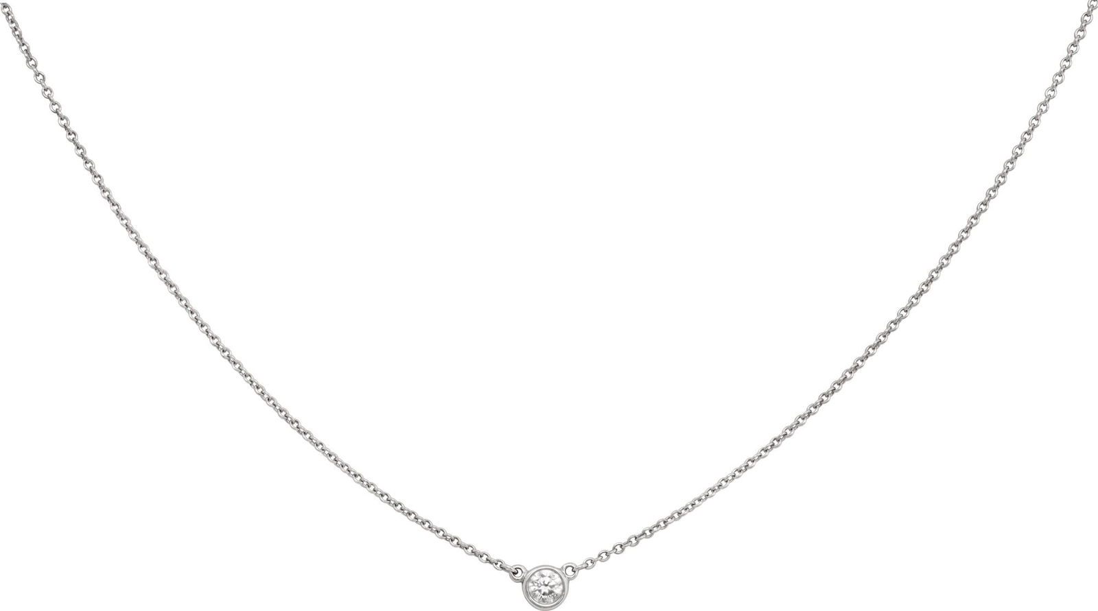 Tiffany & Co. Elsa Perretti bezeled: Tiffany & Co. Elsa Perretti bezeled round brilliant cut diamond chain, necklace in platinum. Round brilliant cut diamond: 0.17 carat, estimate F-G color, VVS clarity. 16 inch length. Brand: Tiffany &