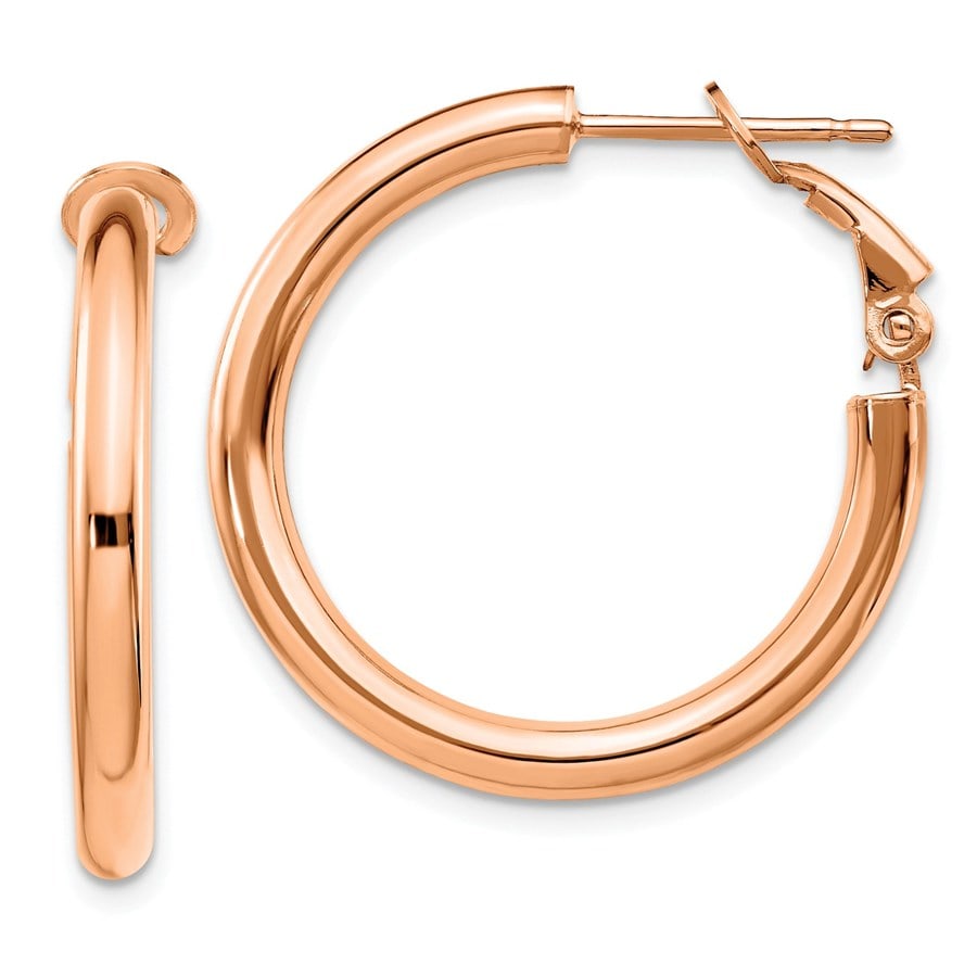 14k Rose Gold Polished Round Hoop: 14k Rose Gold Polished Round Hoop Earrings - 3x20 mm Product Id: 184351 Metal: Gold Purity: 14K Finish: Polished Length Of Item: 20 mm Earring Closure: Omega Clip Back Earring Type: Hoop