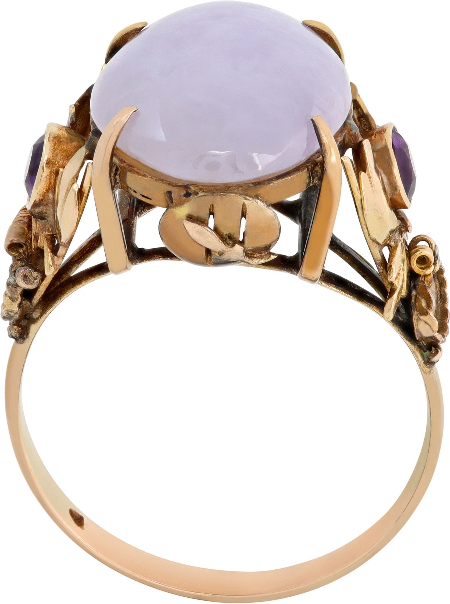 Oval Cabochon Lavender Jade ring (over 20.00 carats) ring in 14K rose gold.: Oval Cabochon Lavender Jade ring (over 20.00 carats) ring in 14K rose gold. Brand: Estate Jewelry Age: 1900 Gender: Female Size: 9.75 Metal(s) / Material(s): 14k Yellow Gold Item Weight: 3.60 pwt